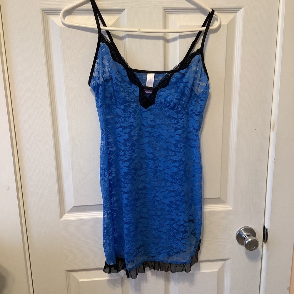 Secret Treasures Blue Floral Lace Chemise Nightgown Black Trim Size M 8-10